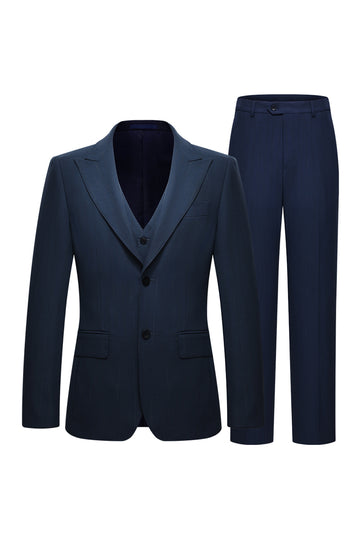 3 Piece Single Breasted Slim Fit Peak Lapel Men's Navy Suits